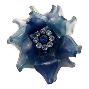 Lg Vtg Frosted Blue Soft Molded Plastic and Rhinestone Flower Brooch Silver Tone